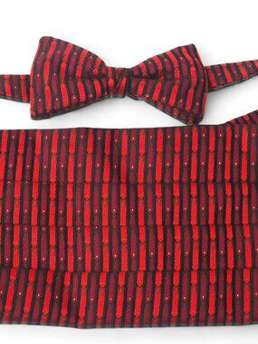 VTG 50s Adjustolox Silk Cummerbund Bow Tie Set Red Black Stripe Formal Prom NYE